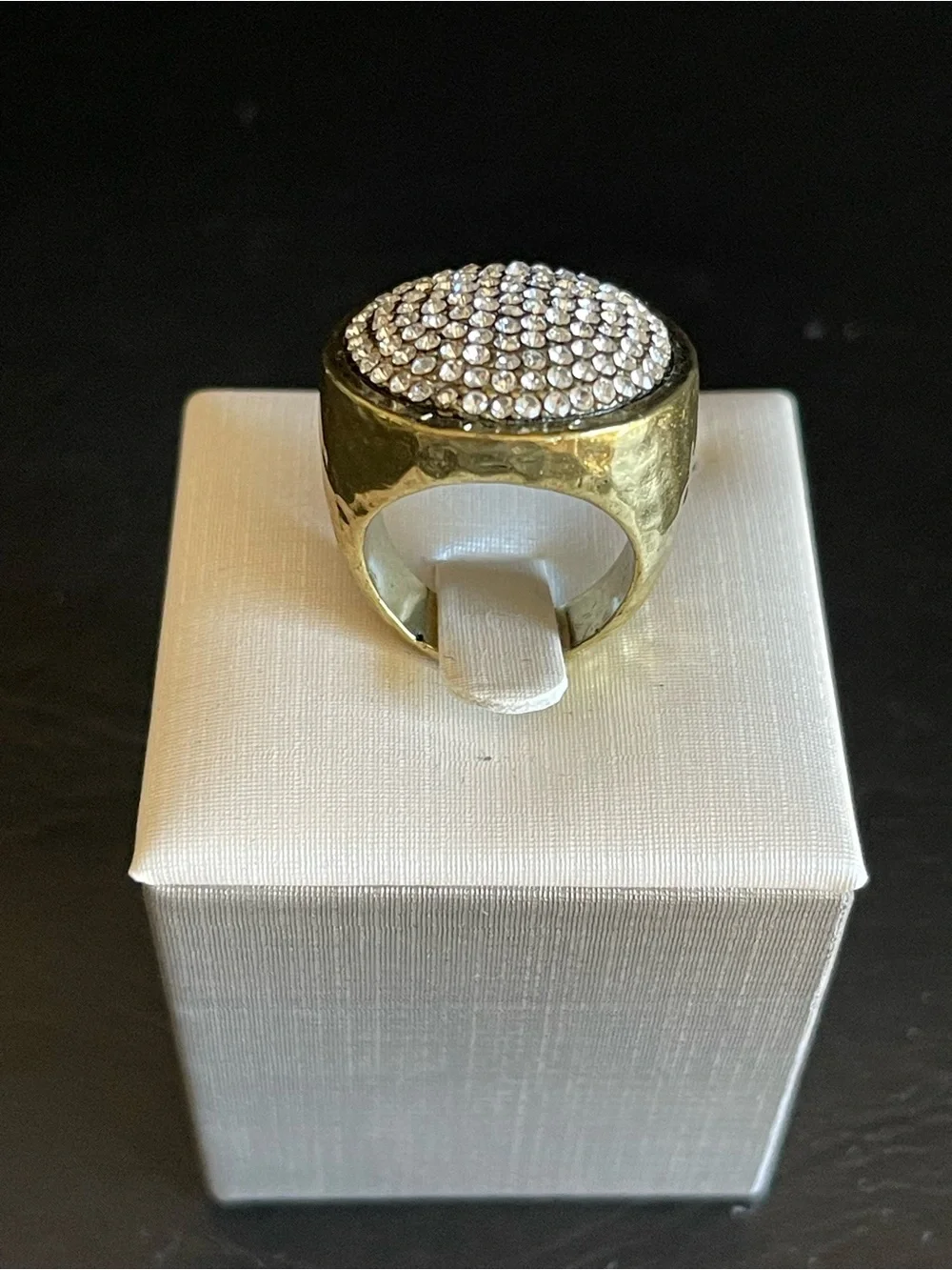 Brass Pave Crystal Round Cocktail Ring.